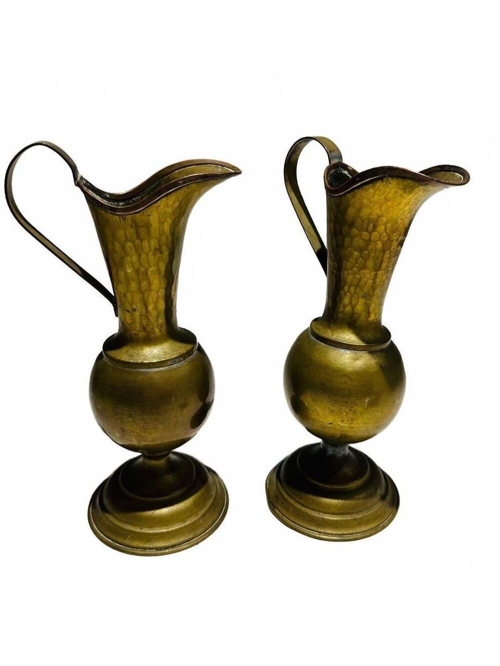 Pair of Vintage Hammered Metal Ewer Pitchers with Handle & Flared Spout
